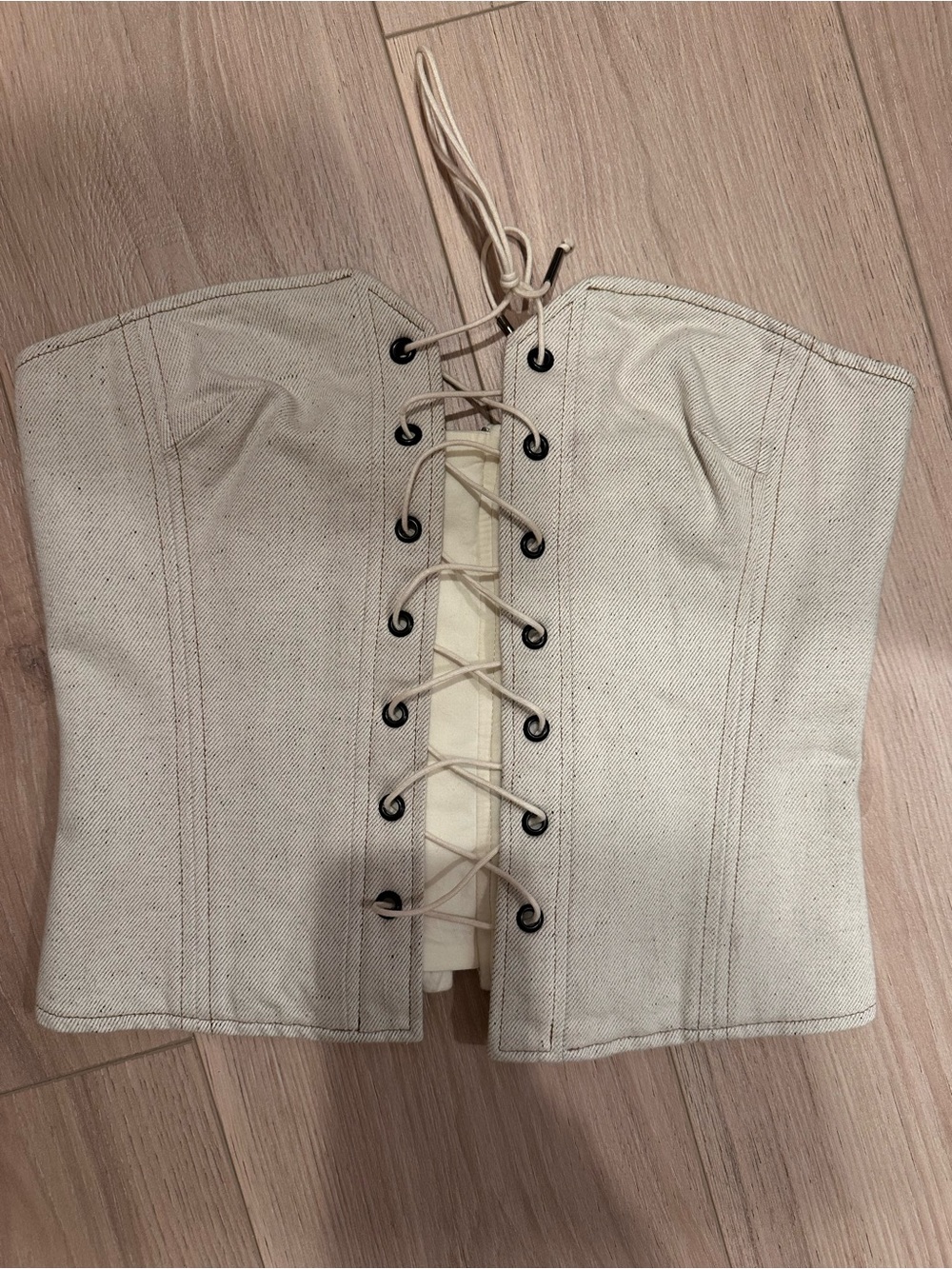 Canvas Lace-Up Strapless Corset Top in Natural